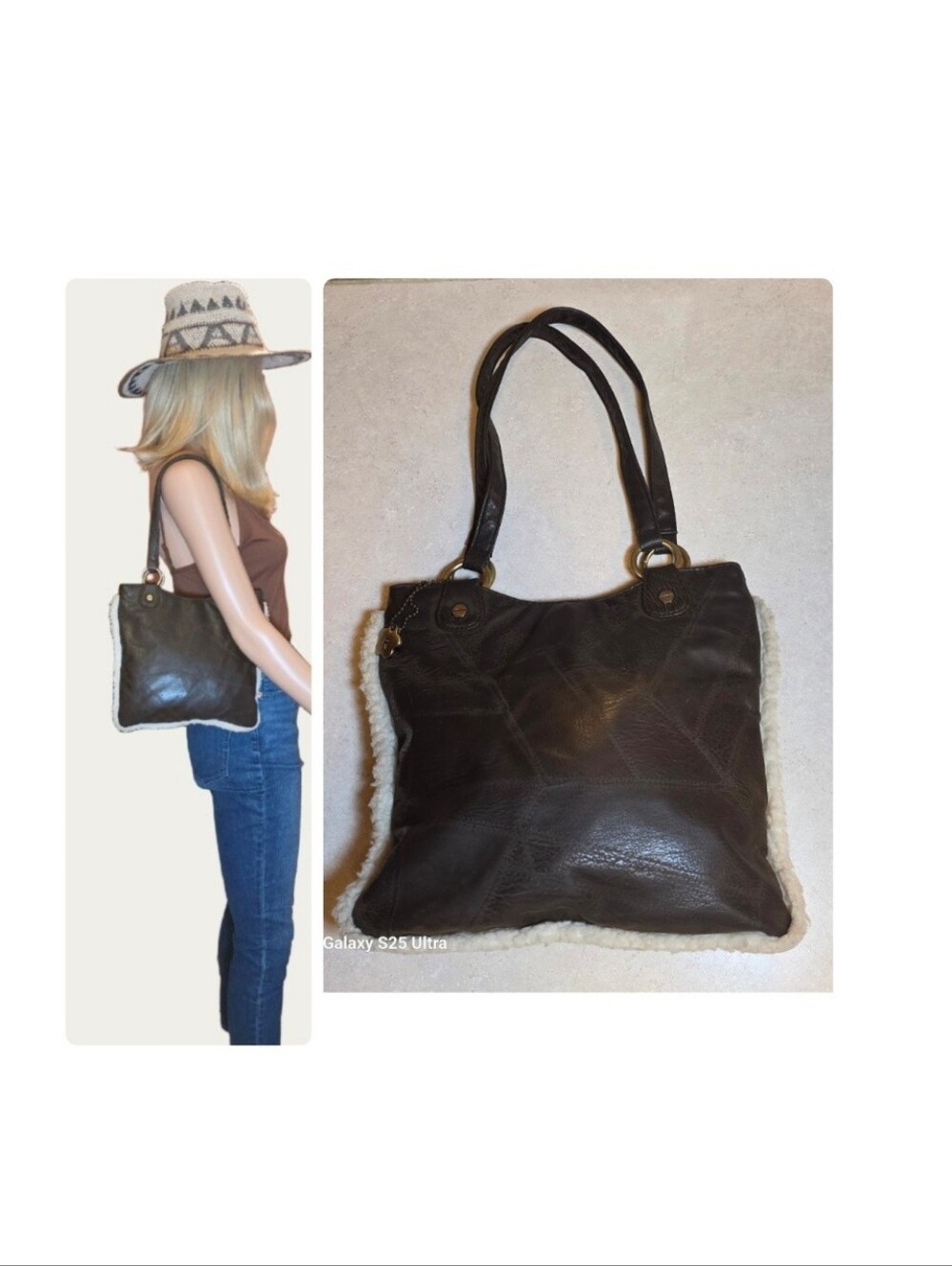 Rampage Patchwork Brown Vegan-Leather Shoulder Bag with Cream Sherpa Trim